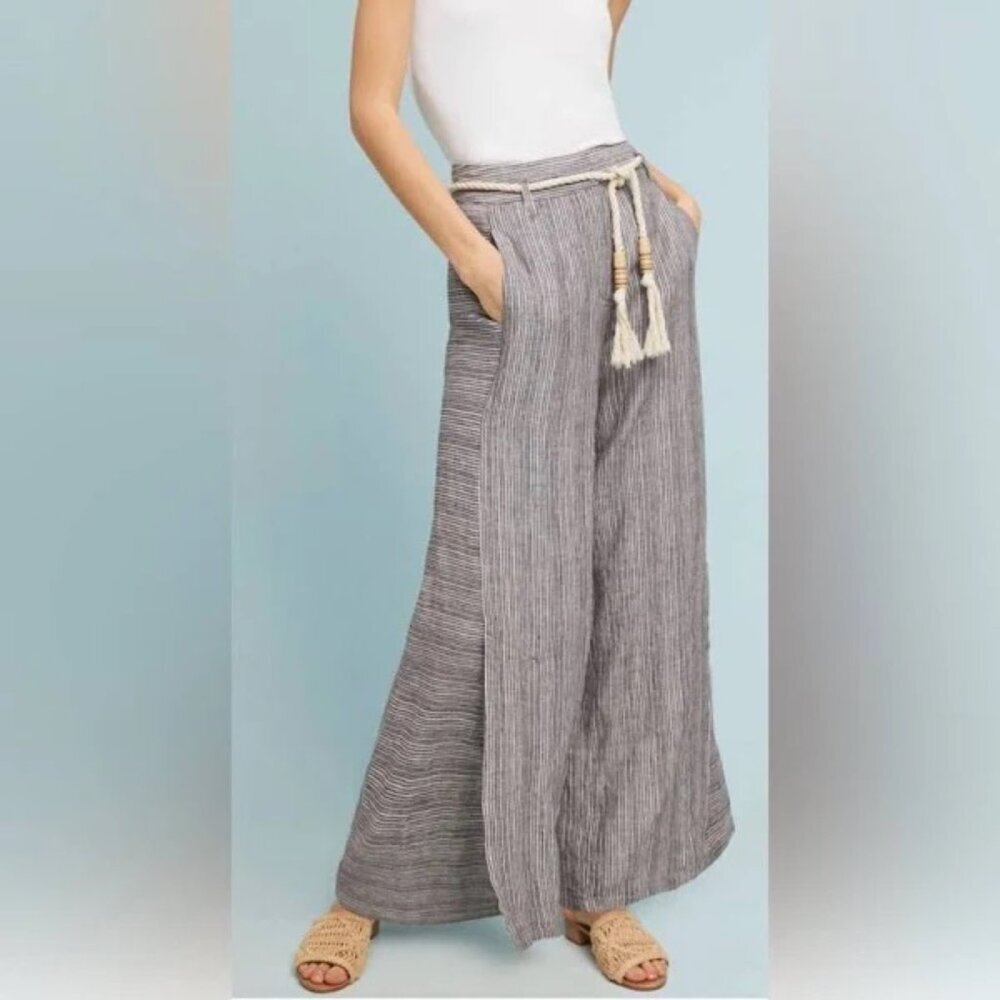Ett Twa Anthropologie Striped Wide Leg Pants Brown White Rope Belt Tassel Size 2 - Picture 2 of 15